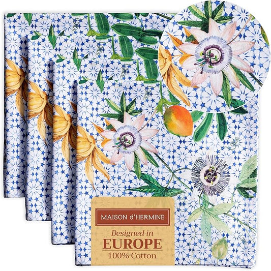 Maison d' Hermine Cloth Napkins Set of 4 100% Cotton Everyday Reusable Square Napkins Cloth Washable, Dinner, Party, Wedding, Restaurant, Spring/Summer (Passiflora, 20" x 20")