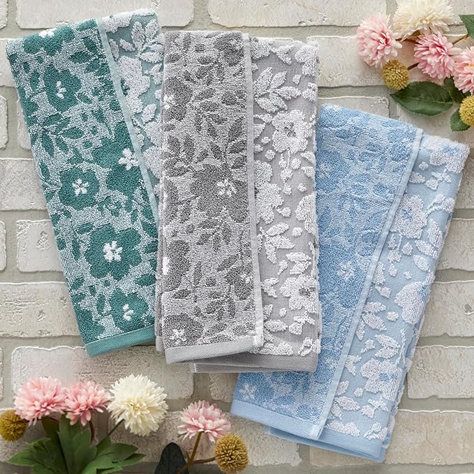 SKL Home Floral Jacquard Hand Towel Set, Moss Green, 2 Count