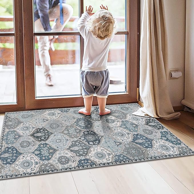 Lahome Moroccan Trellis Front Door Mat Indoor Entrance, 2x3 Rugs for Entryway Non-Slip Washable Indoor Door Mat, Oriental Accent Small Rug for Kitchen Bedroom Bathroom, Blue