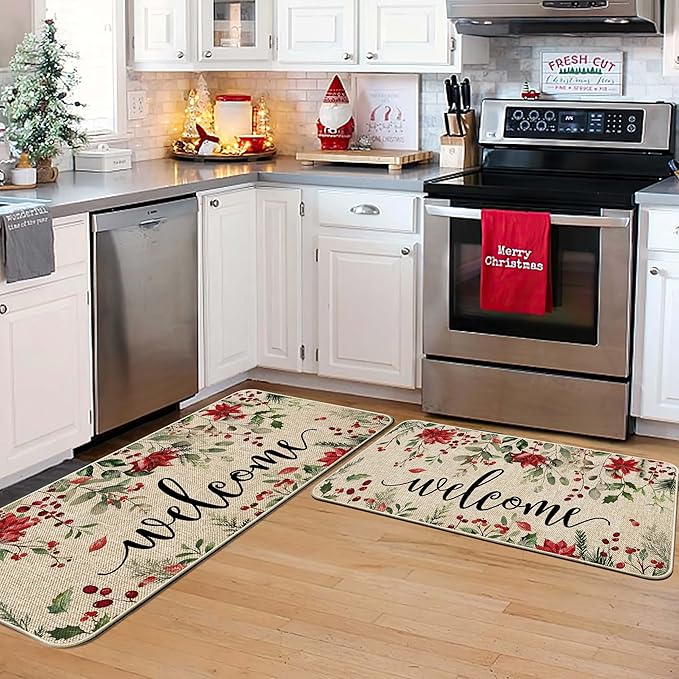 ORTIGIA Welcome Christmas Poinsettia Doormat Indoor Outdoor, Winter Holly Berry Patio Door Mats Non-Slip Durable Door Mat for Home Entrance, Outside Entry, Yard, Floor, Patio 17x36 Inch