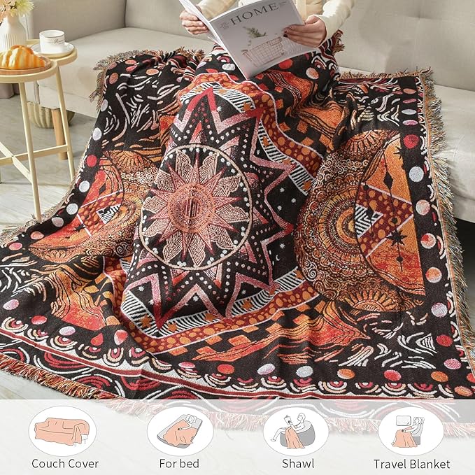 Boho Throw Blanket Reversible Cotton Bohemian Tapestry Hippie Room Decor Outdoor Blanket Double Sided (Boho Patten 6 50"x60")