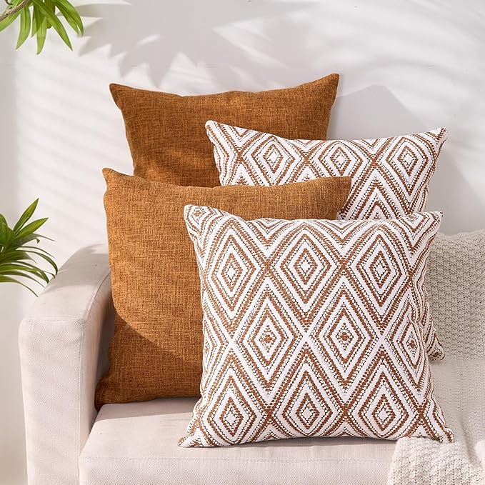 HPUK Decorative Throw Pillow Covers Set of 4 Geometric Design Linen Cushion Cover for Couch Sofa Living Room, 20"x20" inches, Golden Brown