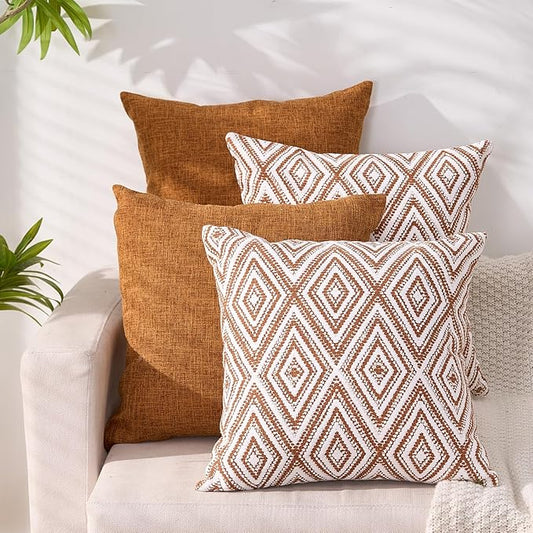 HPUK Decorative Throw Pillow Covers Set of 4 Geometric Design Linen Cushion Cover for Couch Sofa Living Room, 20"x20" inches, Golden Brown