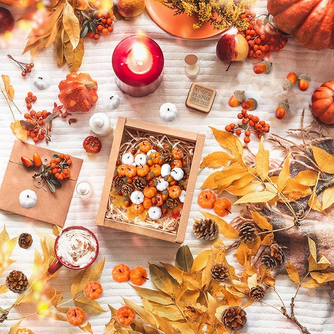 Yookeer 120pcs Mini Pumpkins Acorns Pine Cones Fall Decoration Thanksgiving Artificial Small Pumpkins Fake Props Bulk Rustic Vase Filler for Autumn Harvest DIY Craft Table Centerpiece(Lovely Color)