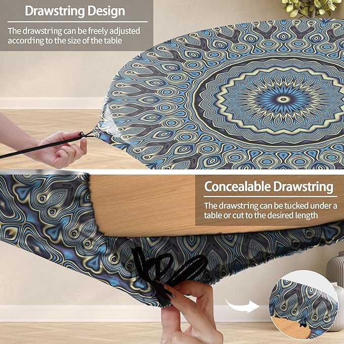 Drawstring Fitted Round Tablecloth for 36-44" Tables Outside Rustic Polyester Weather Proof Table Clothes Western Aesthetic Home Decoration Car Traveling Necessities Birthday Parties Finds