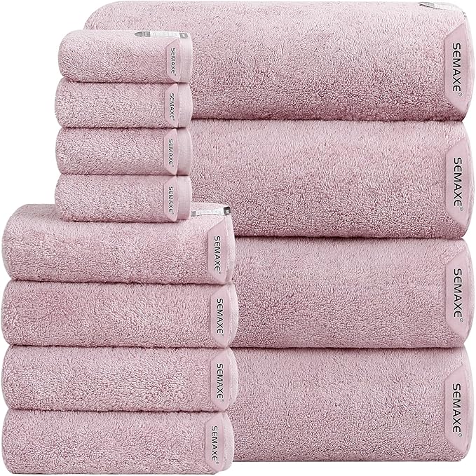 SEMAXE 12-Piece Family Bathroom Towel Set - 100% Cotton, 4 Bath Towels, 4 Hand Towels, 4 Washcloths, Ultra-Soft and Super Absorbent, Lighter Weight
