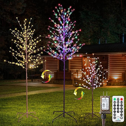Lomotech Lighted Cherry Blossom Tree - 4Ft 6Ft 7Ft, Set of 3, Color Changing Artificial Tree with 11 Modes Timer for Indoor Outdoor Party Holiday Christmas Decorations(Warm White to Multicolor)