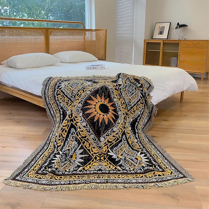 Boho Throw Blanket Reversible Cotton Bohemian Tapestry Hippie Room Decor Double Sided (The Block 50"x60")
