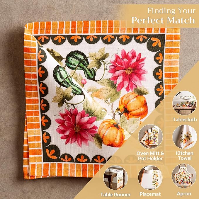 Maison d' Hermine Cloth Napkins Set of 4 100% Cotton Everyday Reusable Square Napkins Cloth Washable, Dinner, Party, Wedding, Restaurant (Pumpkin Garden - Cloudy Cream, 20" x 20")