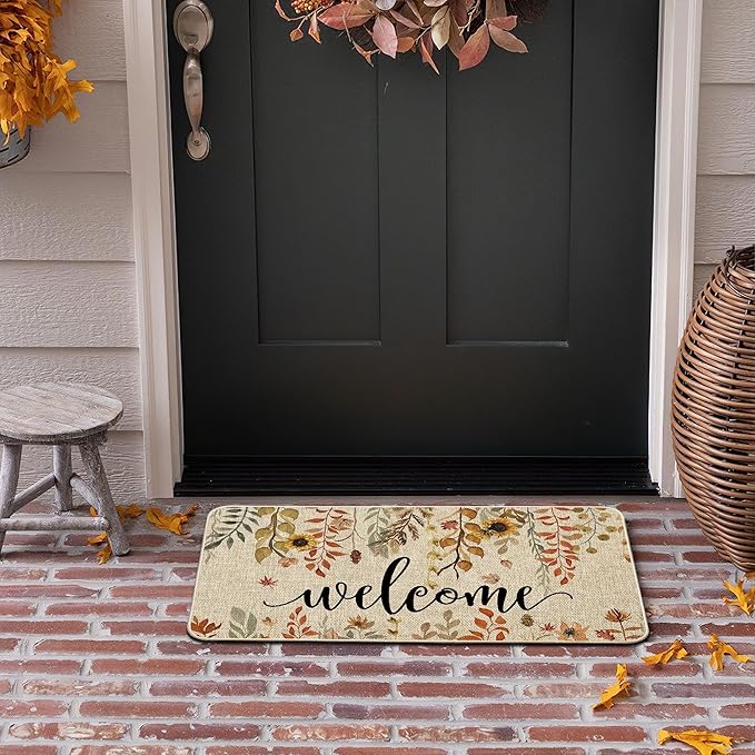 ORTIGIA Welcome Fall Doormat Eucalyptus Leaves Sunflowers Door Mats Indoor Outdoor Patio Non-Slip Entrance Floor Mat for Home, Outside, Yard, Patio 17x29 Inch