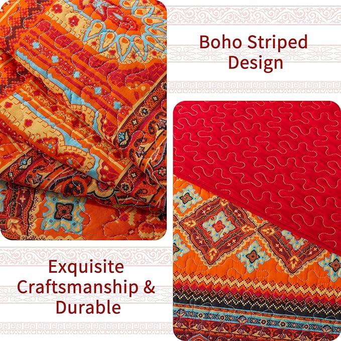 VAPUTAR Cotton Quilt Twin Size Bedding Set - 2 Pieces Twin Quilt Bedding Set, Boho Twin Size Quilts, Lightweight Reversible Coverlets Bedspreads for Farmhouse Bedroom (Red/Orange)