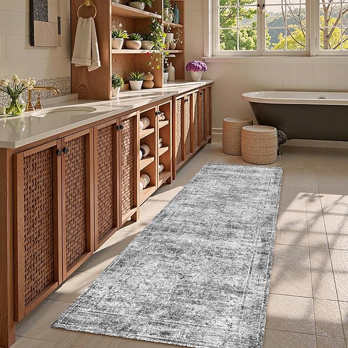Washable Area Rug 2'6'' x 8' Vintage Traditional Persian Mat - Foldable Distressed Non-Slip Machine Washable Carpet for Living Room Bedroom Kitchen Home Decor - Graphite and Mist