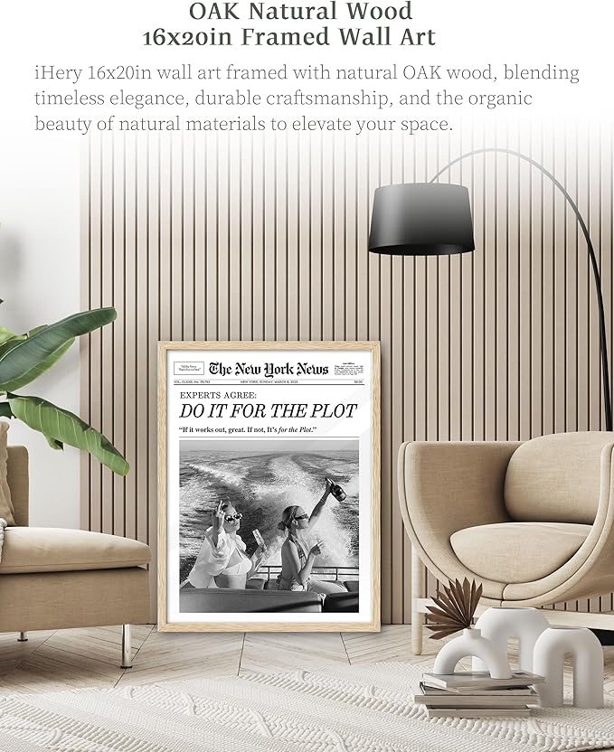 iHery Natural OAK Wood Hot Girls Newspaper Trendy Framed Wall Art, Large 16x20 in Vintage Beige Canvas Wall Art, Do it for The Plot, Apartment Funny Girly Dorm Living Room Bedroom Decor Set of 1