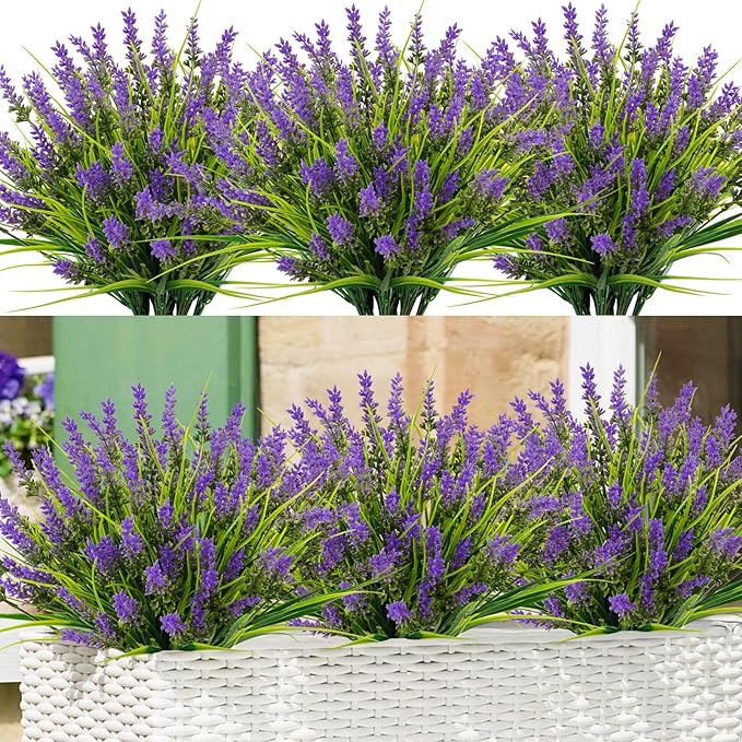 N&T NIETING 6 Bundles Artificial Plants Outdoor, Fake Monkey Grass with Flowers, UV Resistant Fake Plants for Garden Window Office Patio Hanging Planter Pathway Front Porch Home(Purple)