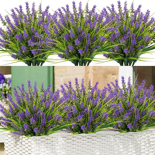 N&T NIETING 6 Bundles Artificial Plants Outdoor, Fake Monkey Grass with Flowers, UV Resistant Fake Plants for Garden Window Office Patio Hanging Planter Pathway Front Porch Home(Purple)