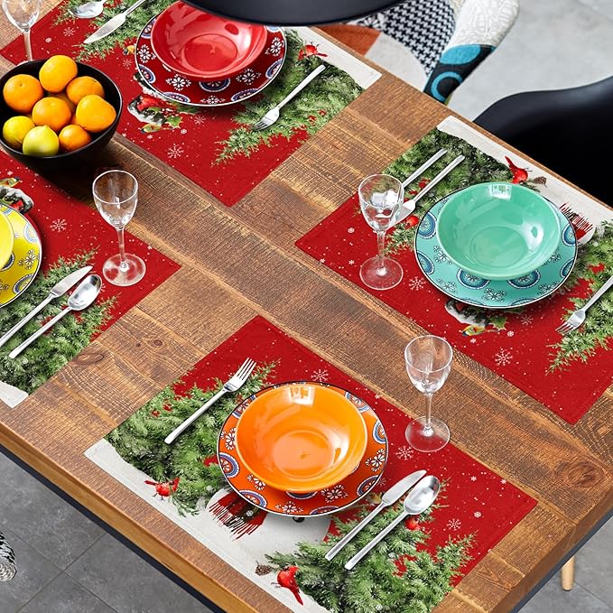 Snowman Placemats 12×18 Inches Set of 4 Holiday Trees Indoor Kitchen Dining Table Place Mats for Home Party Decoration