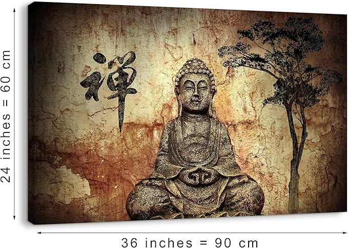 Piy Painting Buddha Canvas Wall Art for Living Room Bedroom Home Decoration, Peaceful Buda Statue Picture Print Painting Decor Giclee Artwork, Gallery Wrapped Gift, Inner Frame 24x36 IN