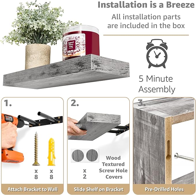 Sorbus Floating Shelves for Wall Set of 3 - Bathroom Shelves for Wall Storage, Over Toilet, Bedroom, Farmhouse, Decor - 2 Floating Shelves with Invisible Brackets & 1 Rectangular Box, Grey