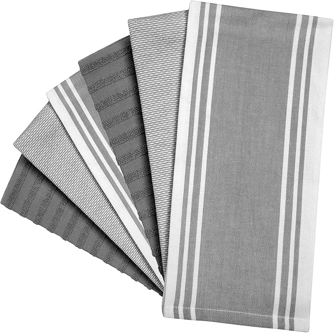 Premium Kitchen Towels (20”x 28”, 6 Pack) | Large Kitchen Hand Towels | Kitchen Towels Cotton | Flat & Terry Towel | Highly Absorbent Tea Towels Set with Hanging Loop | Wide Stripe Grey