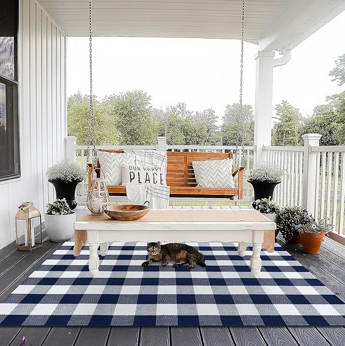 KOZYFLY Buffalo Plaid Area Rug 4 x 6 Ft Navy and White Checkered Rug Washable Outdoor Rugs Cotton Rugs for Bedroom Front Door Mat Carpet for Front Porch Living Room Dining Room Kitchen