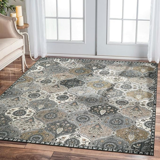 Lahome Moroccan Washable Area Rug 6x9, Ultra-Thin Large Living Room Rugs for Bedroom, Oriental Trellis Distressed Non Shedding Throw Carpet for Dining Room Office, Grey