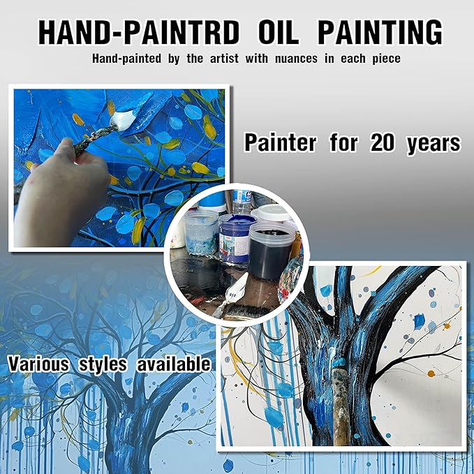 Tree Painting Wall Art for Living Room - Blue Abstract Hand Painted Wall Art for Bedroom - Modern Framed Wall DecoeOffice Size 29" x 59"