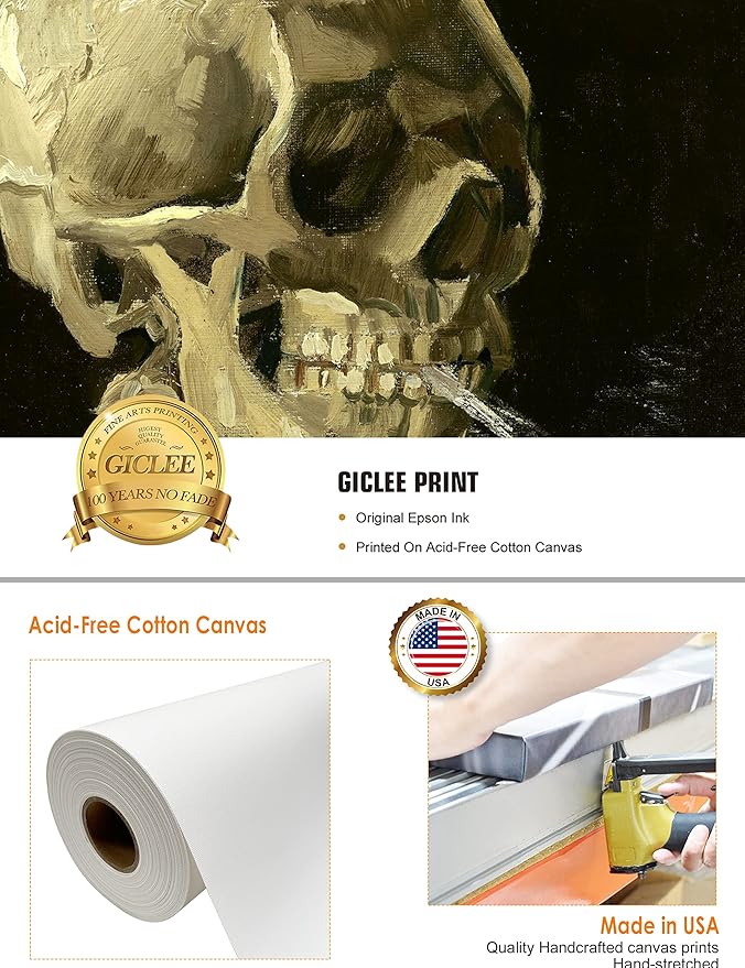 DECORARTS - Head of a Skeleton with a Burning Cigarette. Vincent Van Gogh Art Reproduction. Giclee Print on Canvas. Wall Art for Home. 40x32