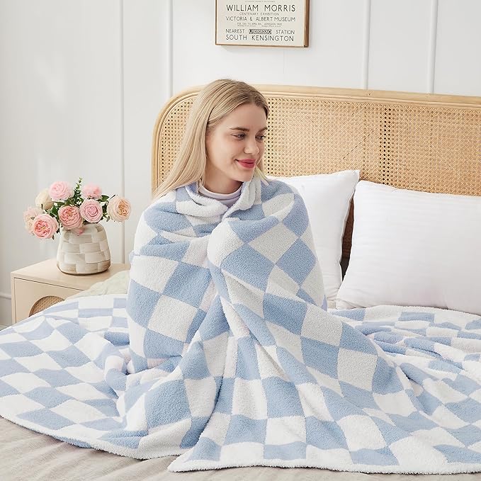 Checkered Throw Blanket Soft & Cozy Blanket for Bed, Couch, and Sofa Lightweight Stylish Versatile Blanket Home Decor for All Seasons Throws Blanket Dusty Blue 50x60 Inches