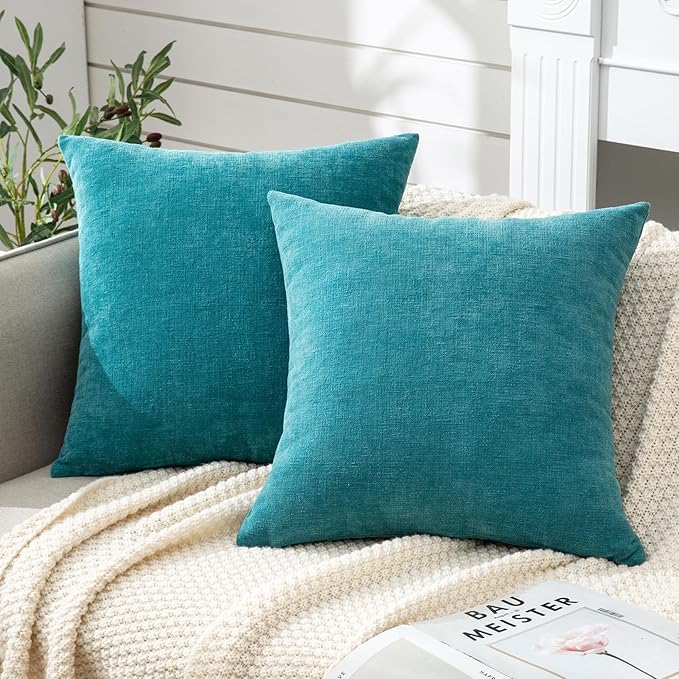 GAWAMAY Decorative Chenille Throw Pillow Covers 24x24 Inch Pack of 2, Soft Square Couch Pillow Cover for Sofa Cushion Living Room Bedroom Solid Dyed Pillowcases Teal 60x60cm (ONLY Covers)