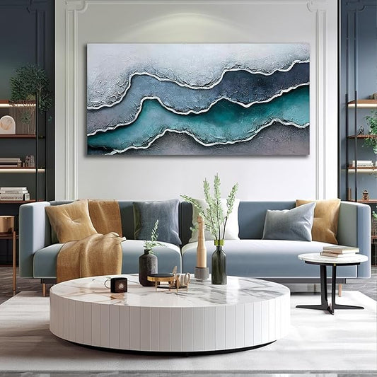 Blue and White Beach Hand Painted Wall Art for Bedroom Modern Art Wall Decor for Office Big Canvas Wall Decor for Bedroom Size 29 x 58 Inch