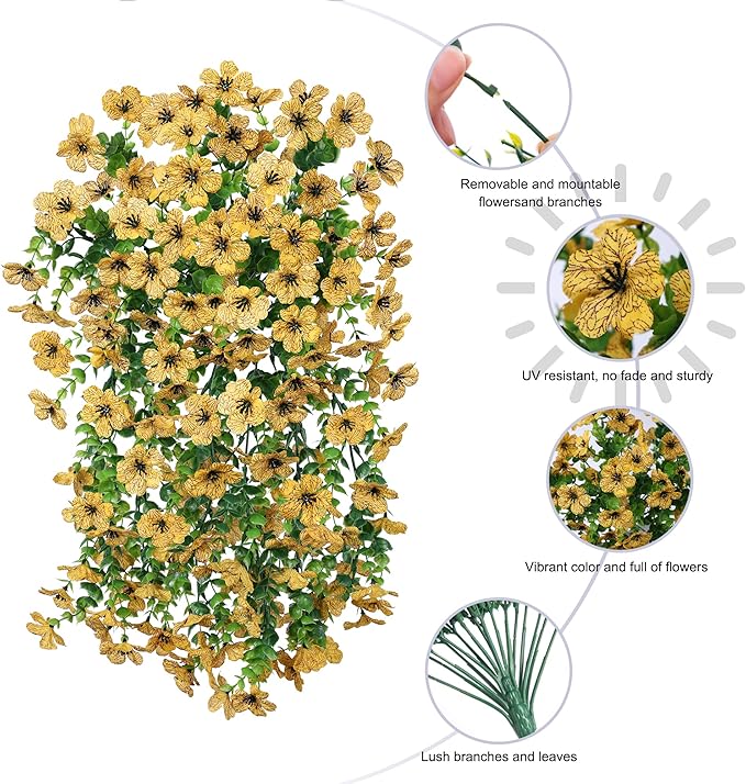 Artificial Hanging Flowers for Outdoors Decoration, 2pcs Fake Daisy with Eucalyptus Leaves for Garden Yard Porch (Yellow)