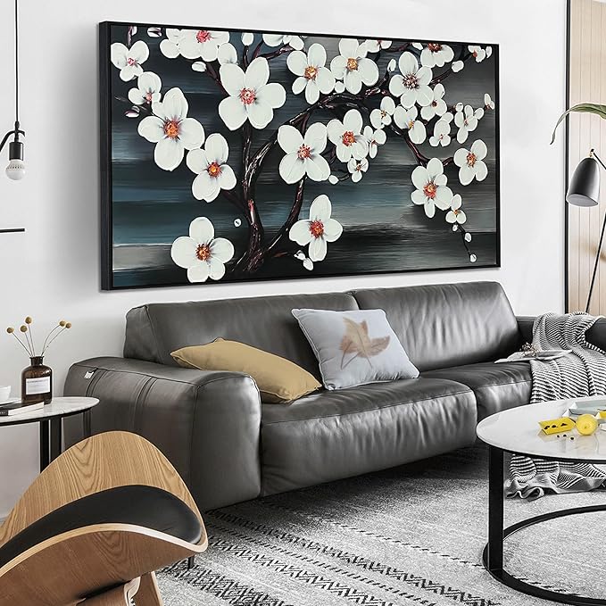 Hand Painted Flower Painting Wall Art for Bedroom - Framed Wall Art for Kitchen Dining Room Wall Decor - Modern House Decor for Women Size 29" x 59"