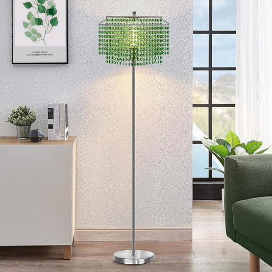Crystal Floor Lamp, 64" Tall Elegant Standing Lamp with On-Off Foot Switch, Silver Lamp with Green Double-Layer Crystal Lampshade , Standing Lamps for Bedroom, Living Room, Office, 8W Bulb Included