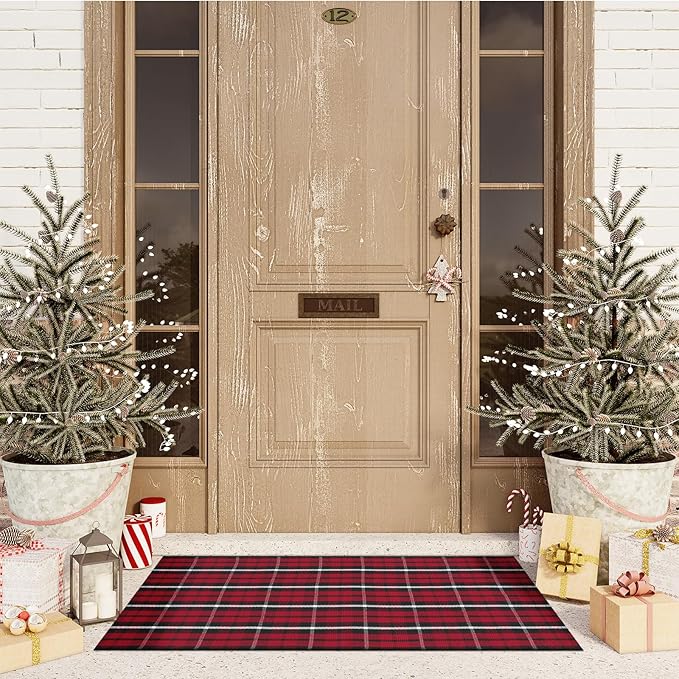 OJIA Christmas Front Door Mat Outdoor 27.5"x43" Red Plaid Porch Rug Machine Washable Entryway Rugs Indoor Layered Door Mats Outdoor Doormat Cotton Area Rug Rug for Bathroom/Bedroom