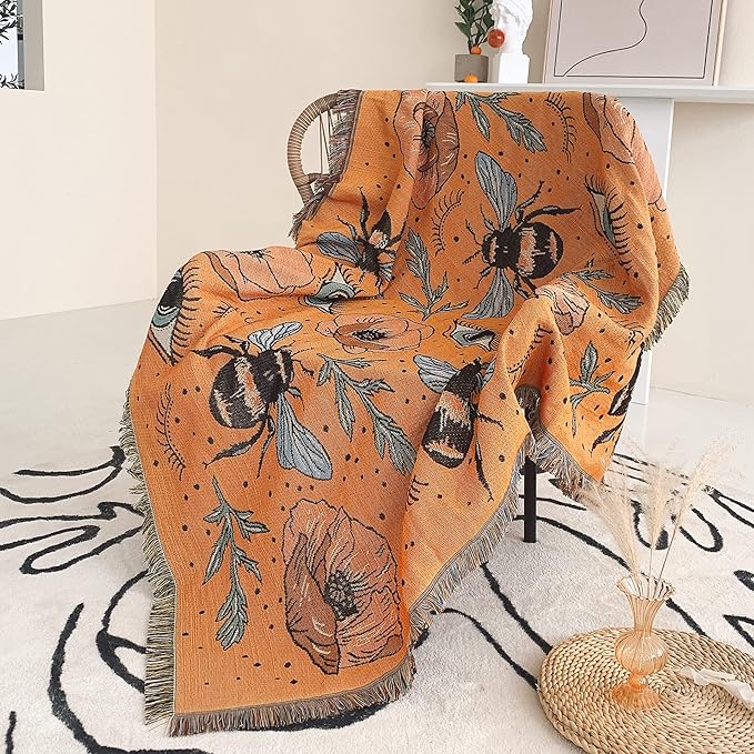 Boho Throw Blanket Reversible Cotton Bohemian Tapestry Hippie Room Decor Double Sided (Boho Bee Yelow 50"x60")