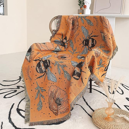 Boho Throw Blanket Reversible Cotton Bohemian Tapestry Hippie Room Decor Double Sided (Boho Bee Yelow 50"x60")