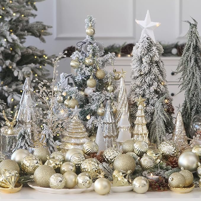 Sea Team 70-Pack Shatterproof Plastic Christmas Ball Ornaments Set, Multi-Size Christmas Baubles, Hanging Decorations for Xmas Tree, Wreath, Garland, (1.18-1.97 Inches, Gold)