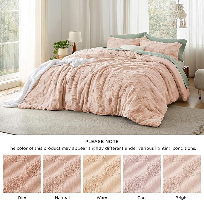 Bedsure Twin/Twin XL Comforter Set Dusty Rose, Boho Tufted Bed Set, Checkered Farmhouse Shabby Chic Bedding, 2 Pieces, 1 Plaid Geometric Comforter and 1 Pillow Sham