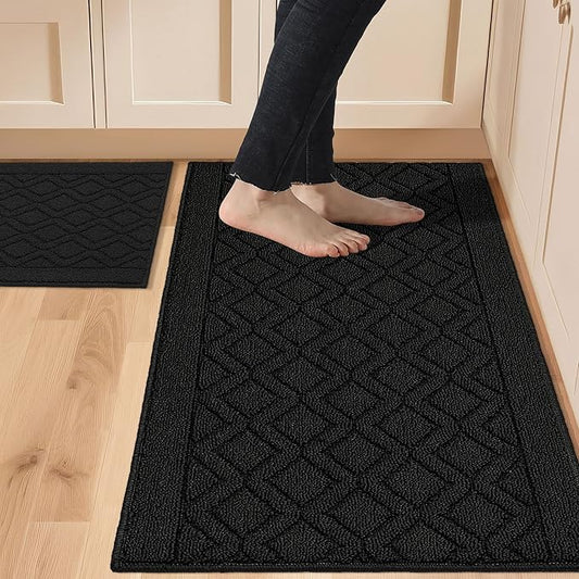 COSY HOMEER 48x20 Inch/30X20 Inch Kitchen Rug Mats Made of 100% Polypropylene 2 Pieces Soft Kitchen Mat Specialized in Anti Slippery and Machine Washable,Black