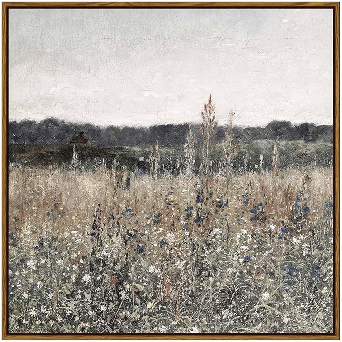 InSimSea Square Framed Canvas Wall Art, Scenery Field Home Decor, Vintage Meadow Flowers Wall Art Prints, Retro Nature Floral Wall Decor for Living Room Bedroom Home Bathroom 24"x24"