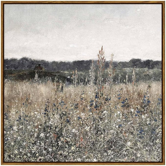 InSimSea Square Framed Canvas Wall Art, Scenery Field Home Decor, Vintage Meadow Flowers Wall Art Prints, Retro Nature Floral Wall Decor for Living Room Bedroom Home Bathroom 24"x24"