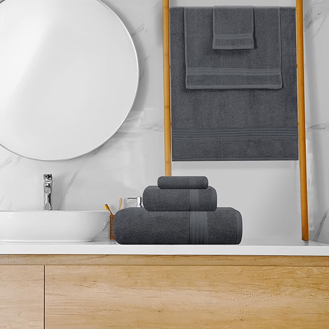 GLAMBURG Ultra Soft 8-Piece Towel Set - 100% Pure Ringspun Cotton, Contains 2 Oversized Bath Towels 27x54, Hand 16x28, 4 Wash Cloths 13x13 Ideal for Everyday use, Hotel & Spa -Charcoal Grey