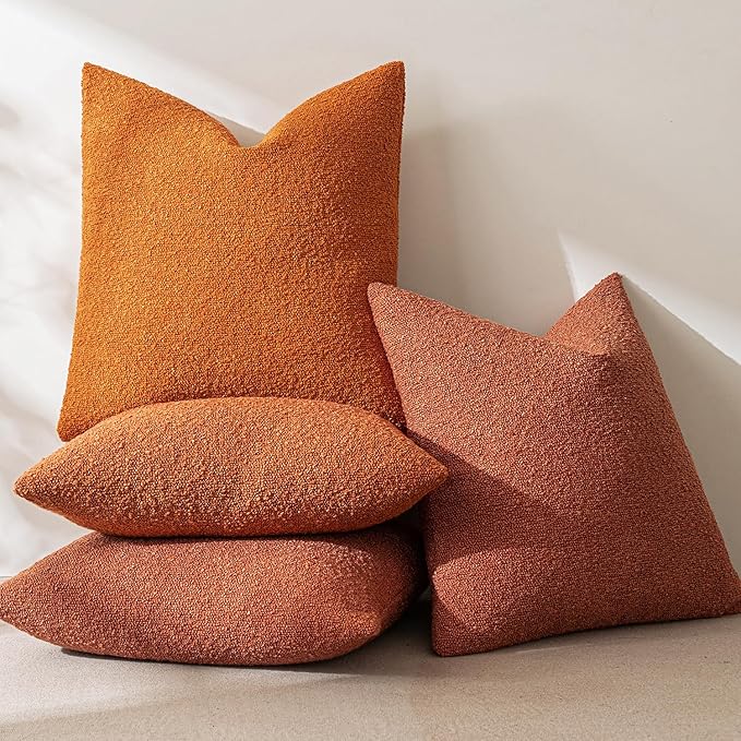 MIULEE Fall 18x18 Inch Decorative Pillow Covers for Couch Bed Set of 2 Textured Boucle Neutral Throw Pillows Burnt Orange Accent Solid Cushion Pillowcase Cozy Soft Sofa Livingroom Home Decor