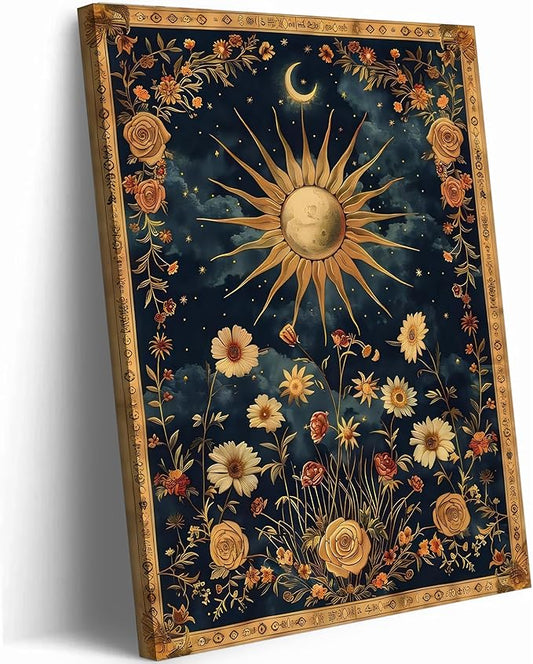 Sun and Moon Celestial Canvas Wall Art Tarot Crescent Moon Wall Decor Pictures Gothic Wildflowers Painting Posters Prints Aesthetic Dark Academia Vibe Artwork for Bedroom Home Decor Framed (16inx24in canvas)