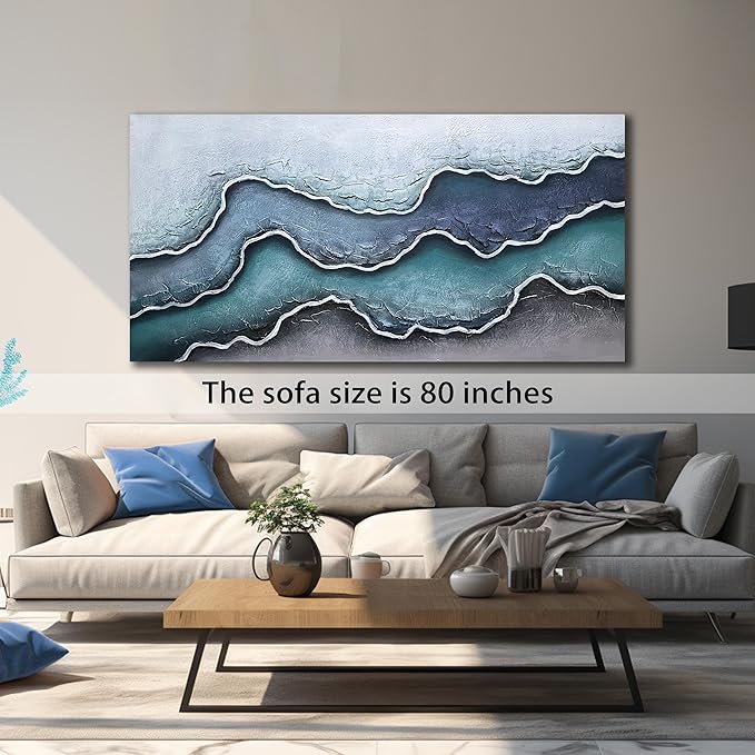 Blue and White Oil Painting Wall Art for Bedroom Beach Canvas Wall Art for Office Extra Large Wall Decor for Living Room Size 36 x 72 Inch