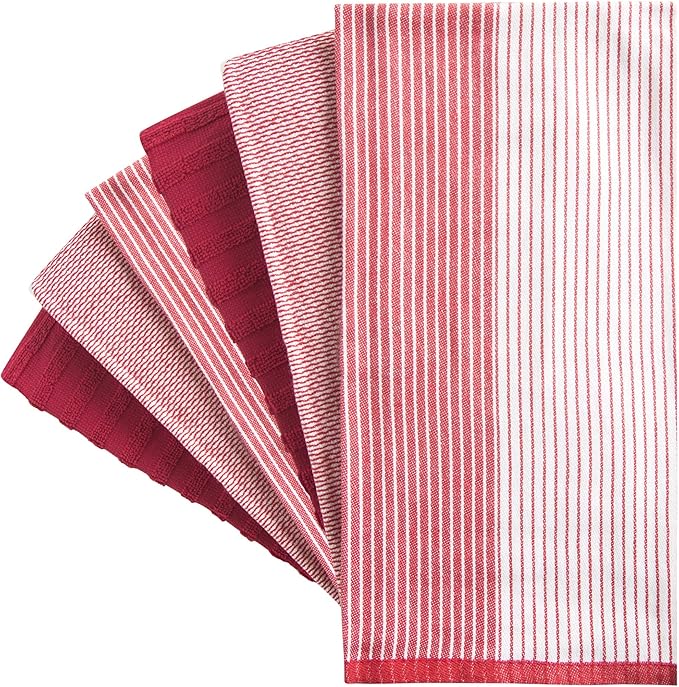 Premium Cotton Kitchen Towels (20”x 28”, 6 Pack) | Large Absorbent Terry & Flat Towel Set with Hanging Loop | Red
