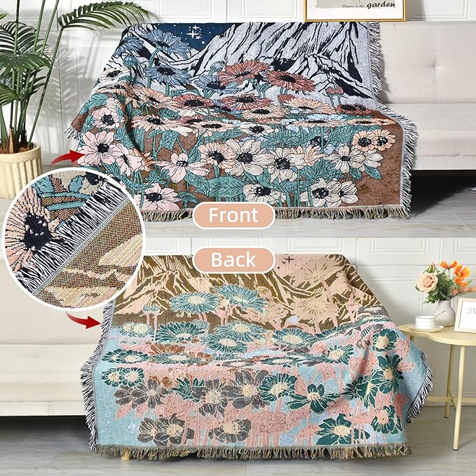 Boho Throw Blanket Reversible Cotton Bohemian Tapestry Hippie Room Decor Double Sided (Boho Flower Dark 50"x60")