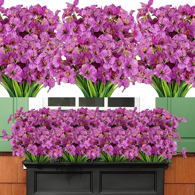 AmyHomie 20 Bundles Artificial Flowers for Outdoor Outside Spring Summer Decoration UV Resistant Faux Flowers No Fade Fake Plastic Plants Garden Porch Window Box Decorating (Purple)