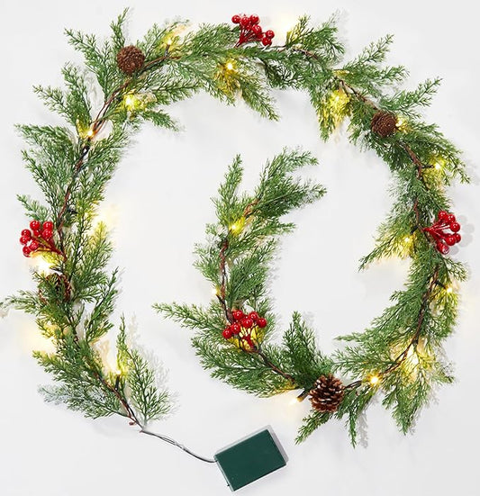 Brightown Christmas Garland with Lights, 6Ft 20 LED Lighted Cypress Leaves Garland Decorated with Pine Cones, Berry, Battery Operated Christmas Lights for Mantle Fireplace Stairs Wall Table, 2 Pack