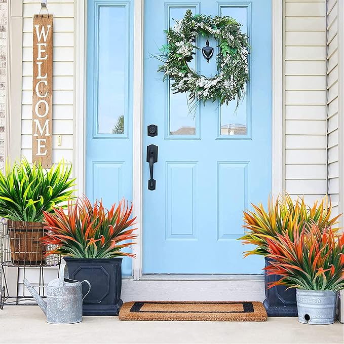 12 Pcs Artificial Outdoor Plants UV Resistant Tall Fake Grass Plants Bushes Faux Tropical Flowers Décor Fall Winter Summer Planters Patio Front Door Porch Plastic Greenery & Shrubs Decoration
